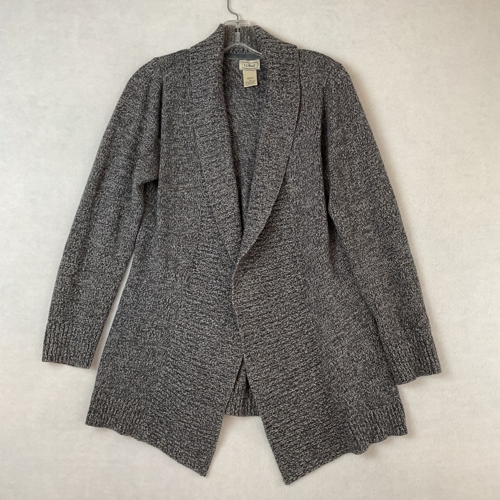 LL Bean Womens Gray Marl Shawl Collar Open Front Cardigan Sweater Medium 272821